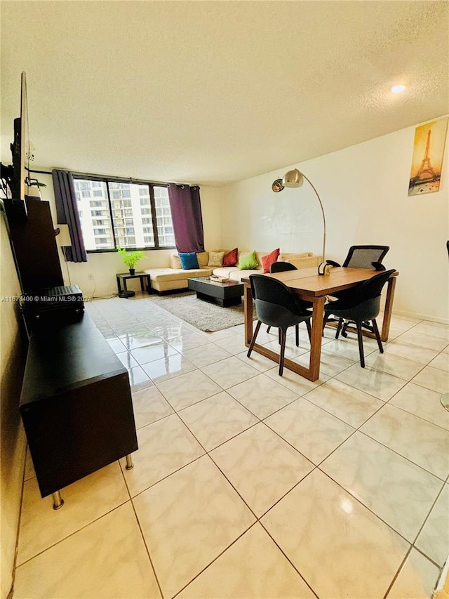 tiled living room with a textured ceiling