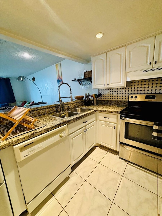 kitchen with sink, white dishwasher, white cabinetry, stainless steel electric range oven, and custom range hood