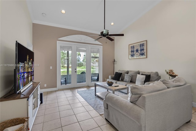 living room featuring french doors, ornamental molding, light tile patterned flooring, high vaulted ceiling, and ceiling fan