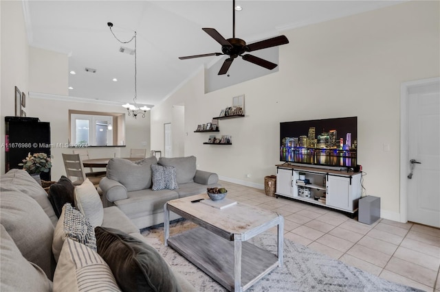 living room featuring crown molding, high vaulted ceiling, and light tile patterned floors