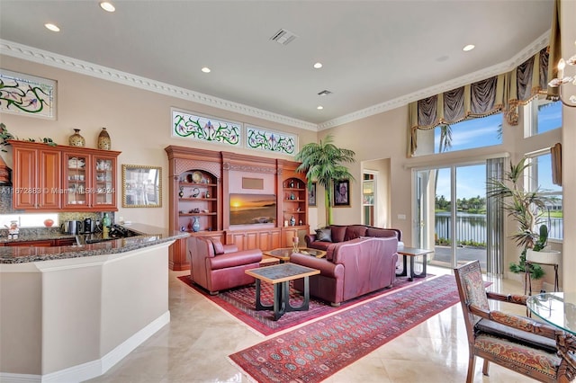 living room with a high ceiling