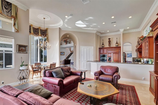 tiled living room featuring built in shelves, a chandelier, and ornamental molding