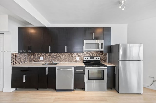 kitchen featuring backsplash, sink, light hardwood / wood-style floors, and appliances with stainless steel finishes