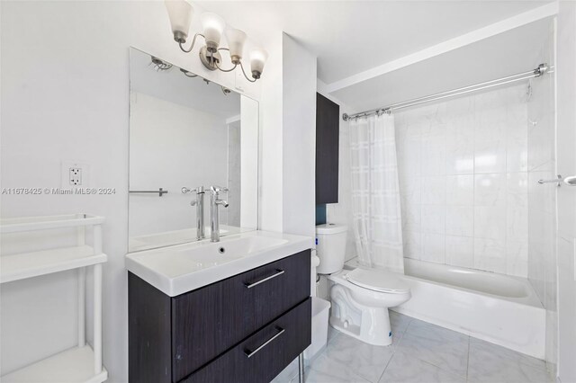 full bathroom with vanity, shower / bath combination with curtain, and toilet