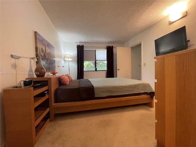 carpeted bedroom with a textured ceiling