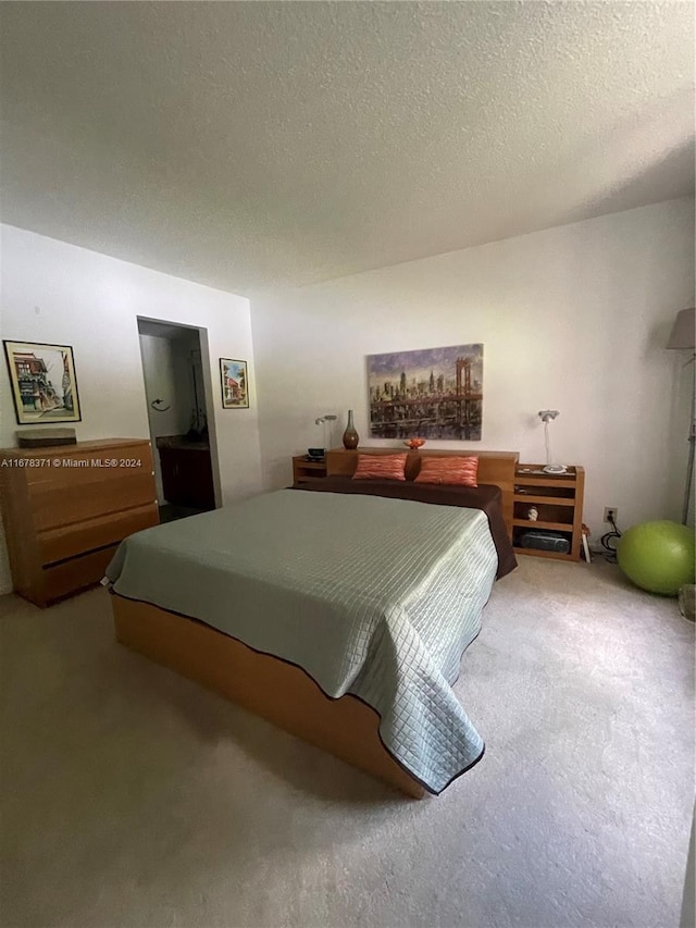 carpeted bedroom with a textured ceiling