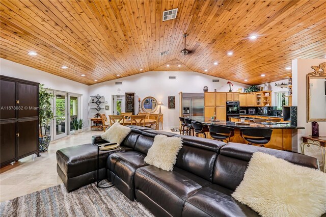 living room with vaulted ceiling and wood ceiling