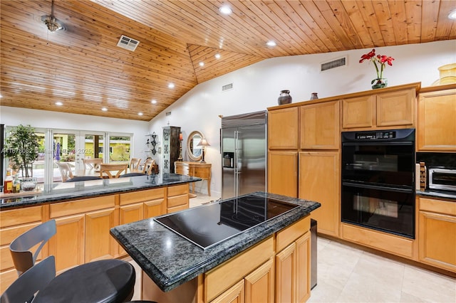 kitchen with lofted ceiling, light tile patterned floors, black appliances, a kitchen island, and wooden ceiling