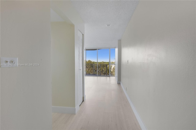 corridor featuring light hardwood / wood-style flooring, expansive windows, and a textured ceiling