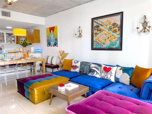 living room featuring tile patterned floors