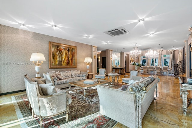 living room featuring an inviting chandelier