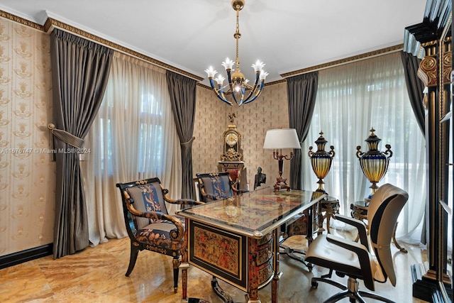 home office with a notable chandelier, ornamental molding, and a wealth of natural light