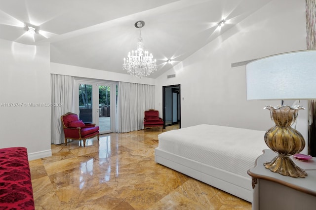 bedroom with access to outside, french doors, high vaulted ceiling, and a notable chandelier