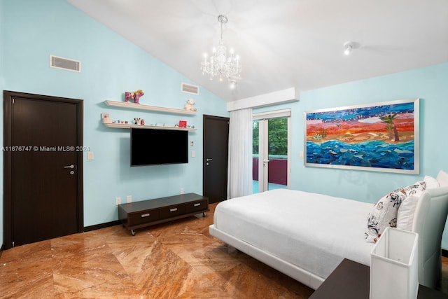 bedroom with high vaulted ceiling and a chandelier