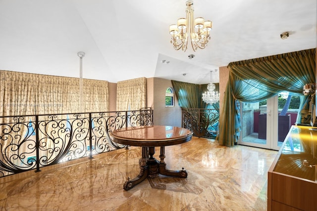 interior space with an inviting chandelier and vaulted ceiling