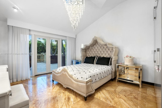 bedroom with french doors, access to exterior, light hardwood / wood-style floors, vaulted ceiling, and an inviting chandelier