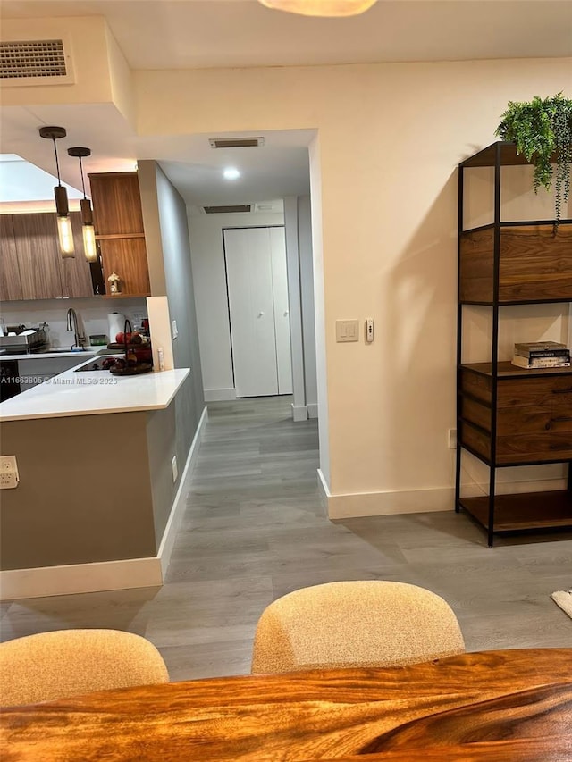 kitchen featuring pendant lighting, light hardwood / wood-style floors, and sink