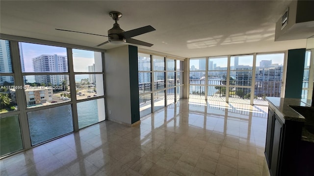 spare room featuring plenty of natural light, expansive windows, and ceiling fan