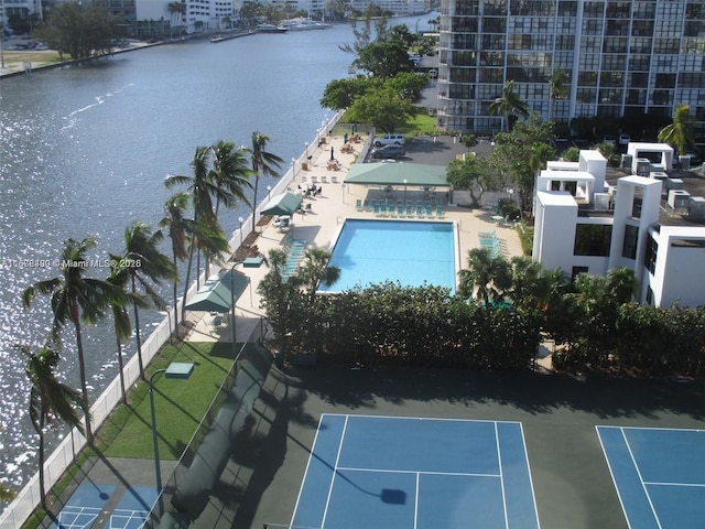 drone / aerial view with a water view