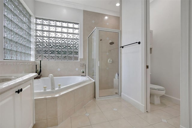 full bathroom featuring toilet, vanity, crown molding, plus walk in shower, and tile patterned floors