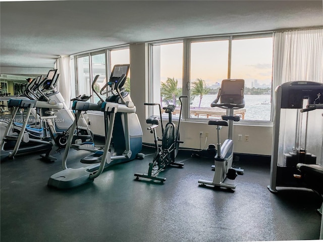 gym with a water view