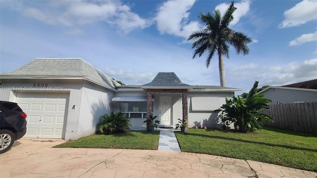 ranch-style house featuring a front lawn and a garage