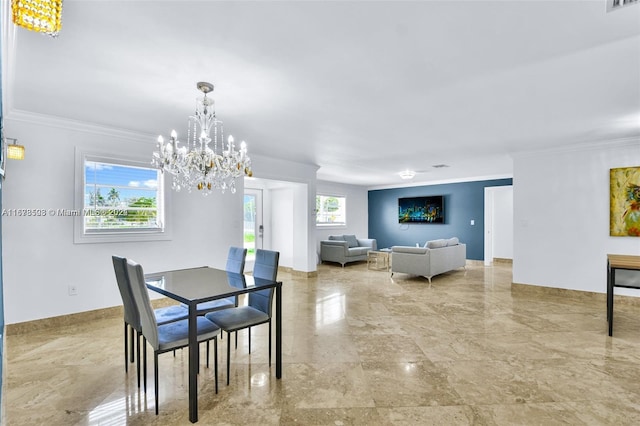 200 188th St, Sunny Isles Beach, FL 33160 - dining room featuring visible vents, a notable chandelier, ornamental molding, and marble finish floor