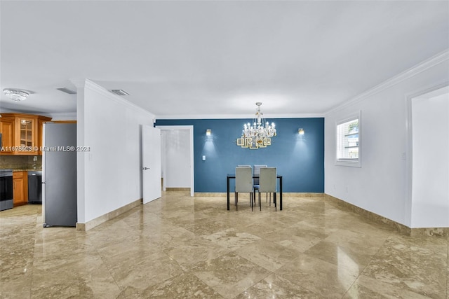 unfurnished dining area featuring crown molding and a notable chandelier