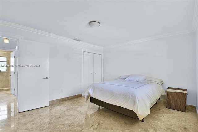 200 188th St, Sunny Isles Beach, FL 33160 - bedroom featuring crown molding, baseboards, visible vents, and a closet