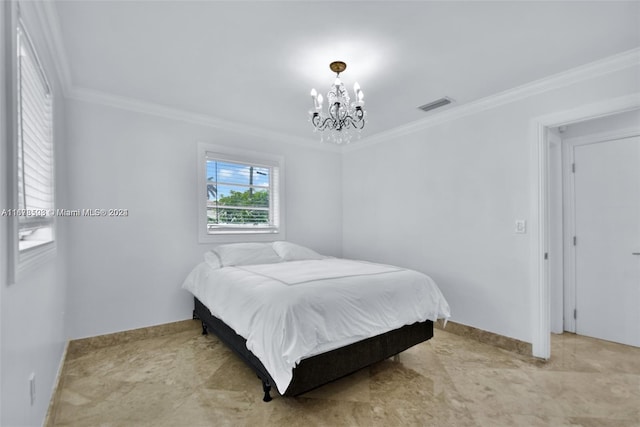 200 188th St, Sunny Isles Beach, FL 33160 - bedroom featuring visible vents, baseboards, crown molding, and a chandelier