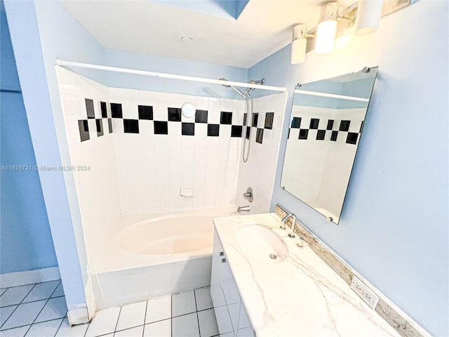 bathroom with vanity, shower / tub combination, and tile patterned flooring