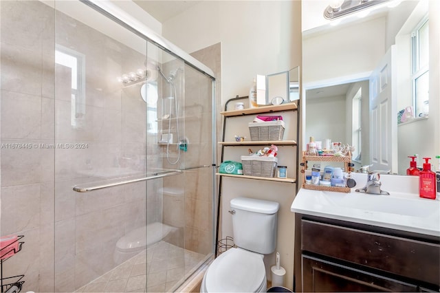 bathroom with toilet, walk in shower, and vanity