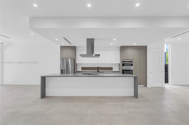 kitchen featuring appliances with stainless steel finishes, modern cabinets, gray cabinetry, and island range hood