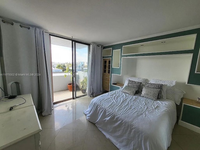 bedroom with ornamental molding, access to exterior, and light tile patterned floors