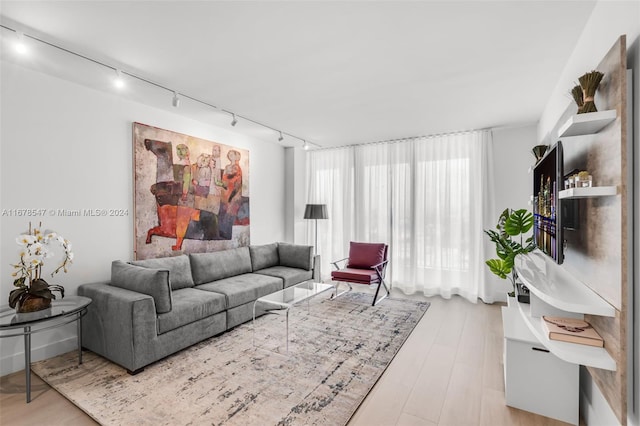 living room with rail lighting and light hardwood / wood-style flooring