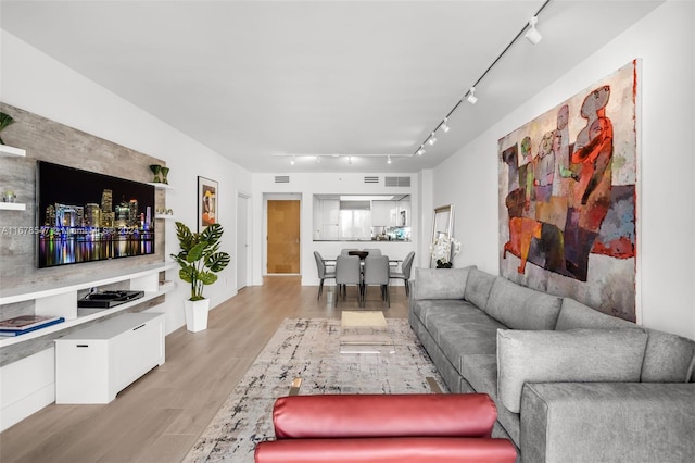 living room with rail lighting and light hardwood / wood-style flooring