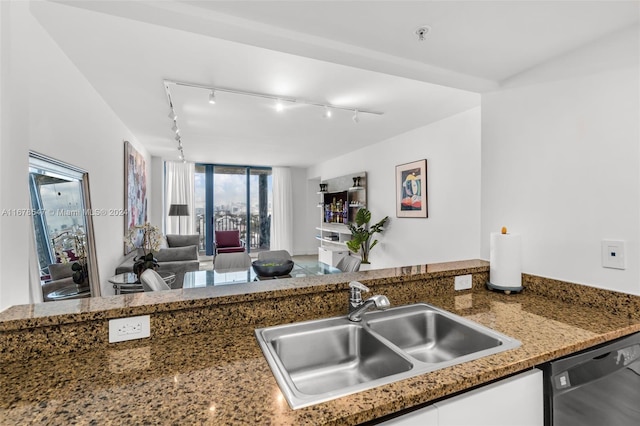 kitchen with white cabinets, dishwasher, rail lighting, and sink