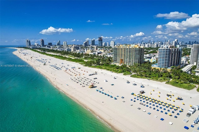 drone / aerial view with a water view and a beach view