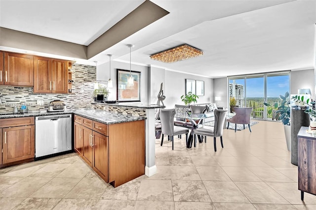 kitchen featuring dishwasher, decorative backsplash, hanging light fixtures, kitchen peninsula, and stone counters