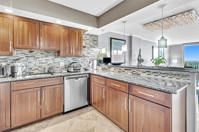 2801 NE 183rd St Unit 1603W, Aventura, FL 33160 - kitchen featuring tasteful backsplash, stainless steel dishwasher, brown cabinetry, a sink, and a peninsula