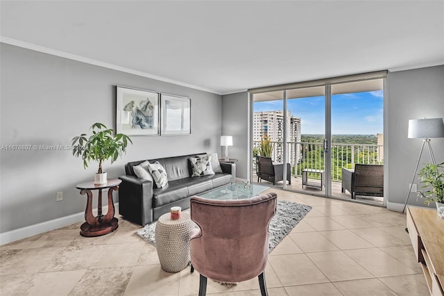 2801 NE 183rd St Unit 1603W, Aventura, FL 33160 - living area with ornamental molding, light tile patterned floors, a wall of windows, and baseboards
