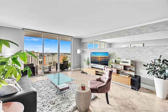 living room with expansive windows and a fireplace