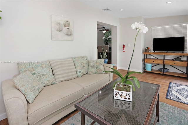 living room with ceiling fan and hardwood / wood-style flooring