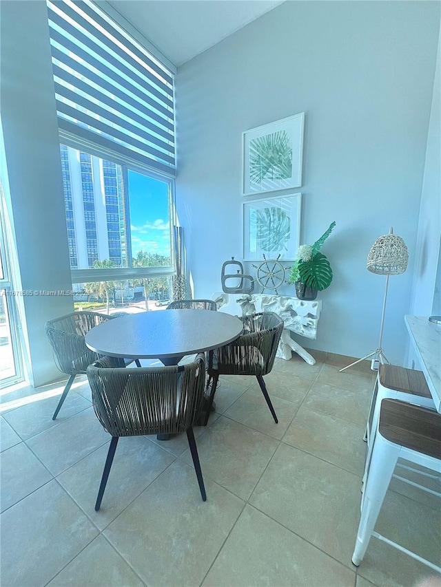 tiled dining room featuring floor to ceiling windows