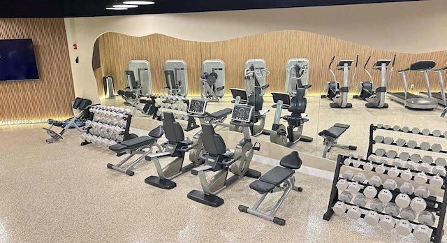 exercise room with wooden walls