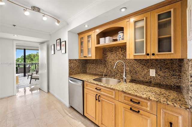 kitchen with tasteful backsplash, sink, light stone counters, stainless steel dishwasher, and crown molding