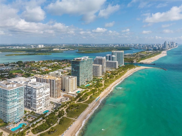 aerial view with a view of the beach and a water view