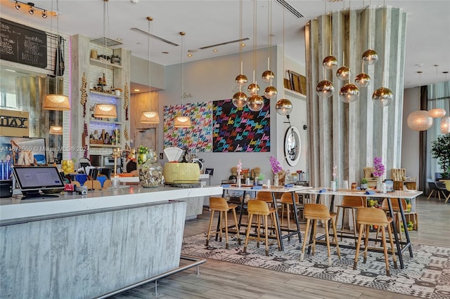 kitchen with hardwood / wood-style floors and pendant lighting