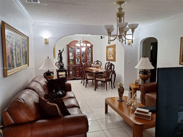 living room featuring crown molding, a textured ceiling, and light tile patterned floors