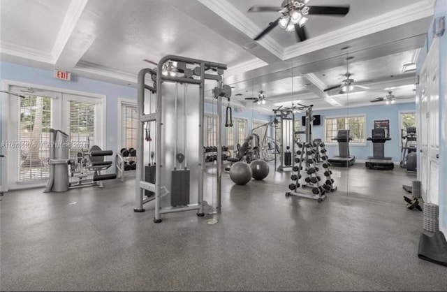 exercise room featuring crown molding and coffered ceiling